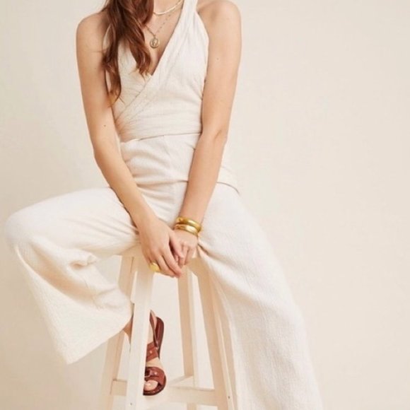 Anthropologie Aren Halterneck Jumpsuit Cream Size 2 Crossover - Picture 2 of 12